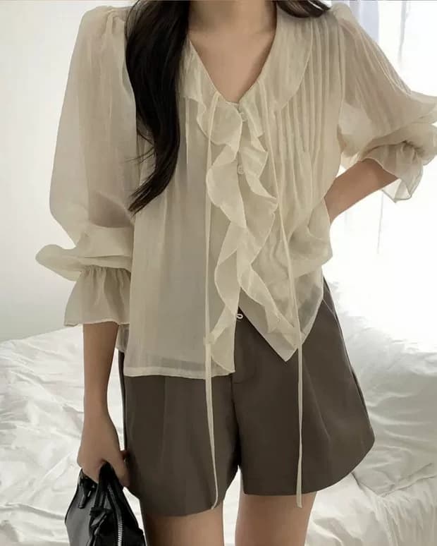 선물 화물 한국 chic 달콤함 쉬폰 블라우스 프릴 V넥 여성 셔츠 주름 장식 디자인 루즈핏 나팔 소매 맨위 이미지 4