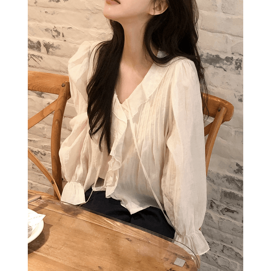 선물 화물 한국 chic 달콤함 쉬폰 블라우스 프릴 V넥 여성 셔츠 주름 장식 디자인 루즈핏 나팔 소매 맨위 이미지 5