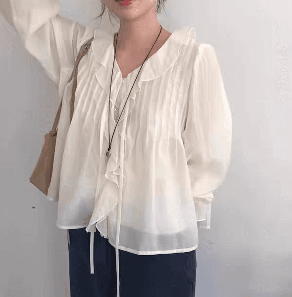선물 화물 한국 chic 달콤함 쉬폰 블라우스 프릴 V넥 여성 셔츠 주름 장식 디자인 루즈핏 나팔 소매 맨위 상세 이미지 1