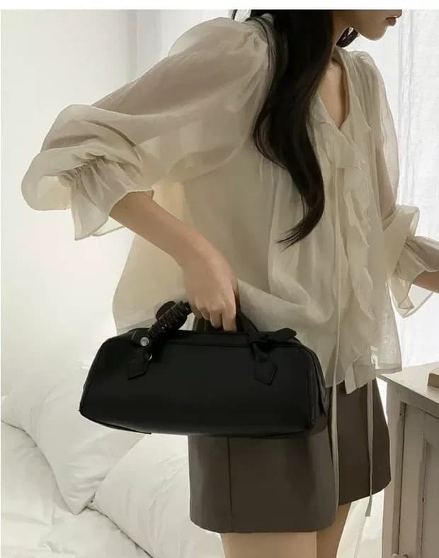 선물 화물 한국 chic 달콤함 쉬폰 블라우스 프릴 V넥 여성 셔츠 주름 장식 디자인 루즈핏 나팔 소매 맨위 상세 이미지 3