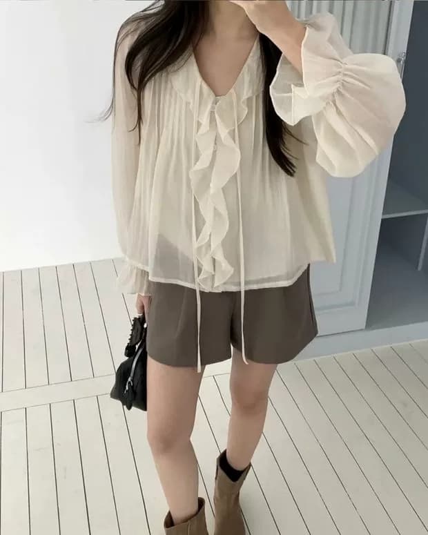 선물 화물 한국 chic 달콤함 쉬폰 블라우스 프릴 V넥 여성 셔츠 주름 장식 디자인 루즈핏 나팔 소매 맨위 상세 이미지 5