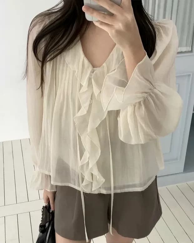 선물 화물 한국 chic 달콤함 쉬폰 블라우스 프릴 V넥 여성 셔츠 주름 장식 디자인 루즈핏 나팔 소매 맨위 상세 이미지 6