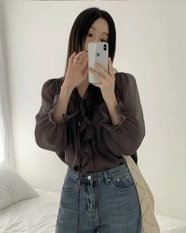 선물 화물 한국 chic 달콤함 쉬폰 블라우스 프릴 V넥 여성 셔츠 주름 장식 디자인 루즈핏 나팔 소매 맨위 상세 이미지 11