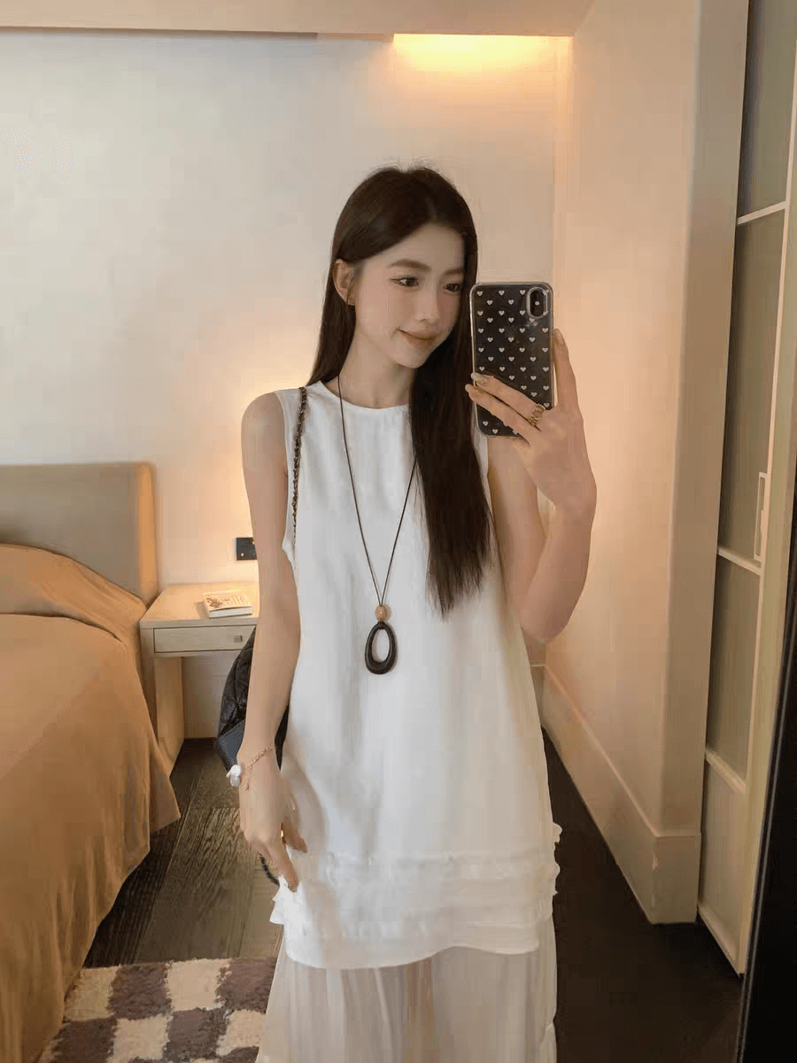 선물 화물 한국 스타일 낭만주의 민소매 라운드 넥 패치워크 드레스