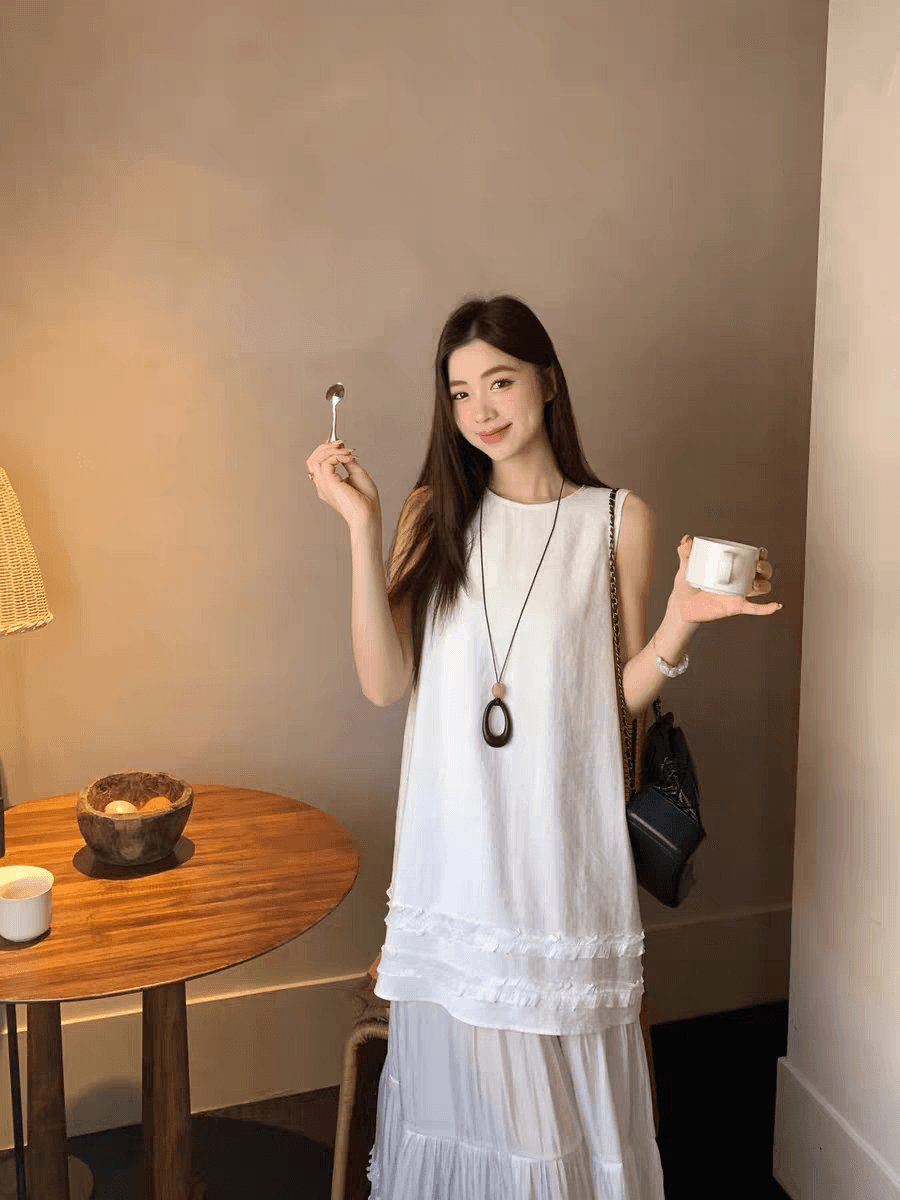 선물 화물 한국 스타일 낭만주의 민소매 라운드 넥 패치워크 드레스 이미지 2