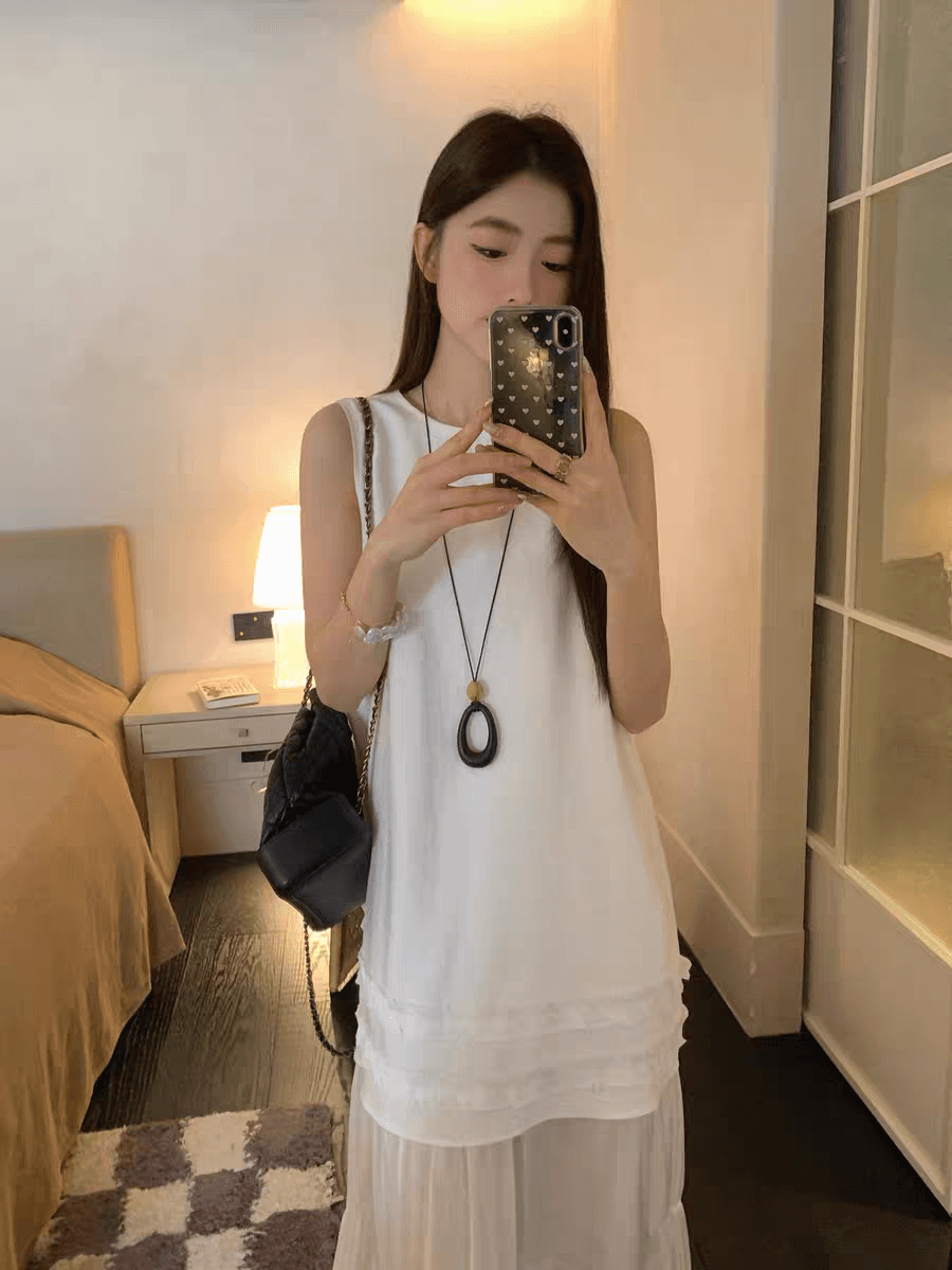 선물 화물 한국 스타일 낭만주의 민소매 라운드 넥 패치워크 드레스 이미지 3