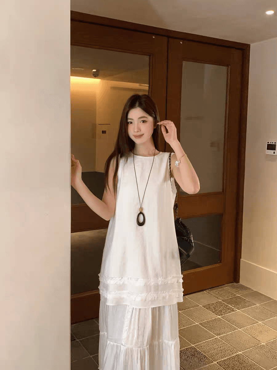 선물 화물 한국 스타일 낭만주의 민소매 라운드 넥 패치워크 드레스 상세 이미지 3