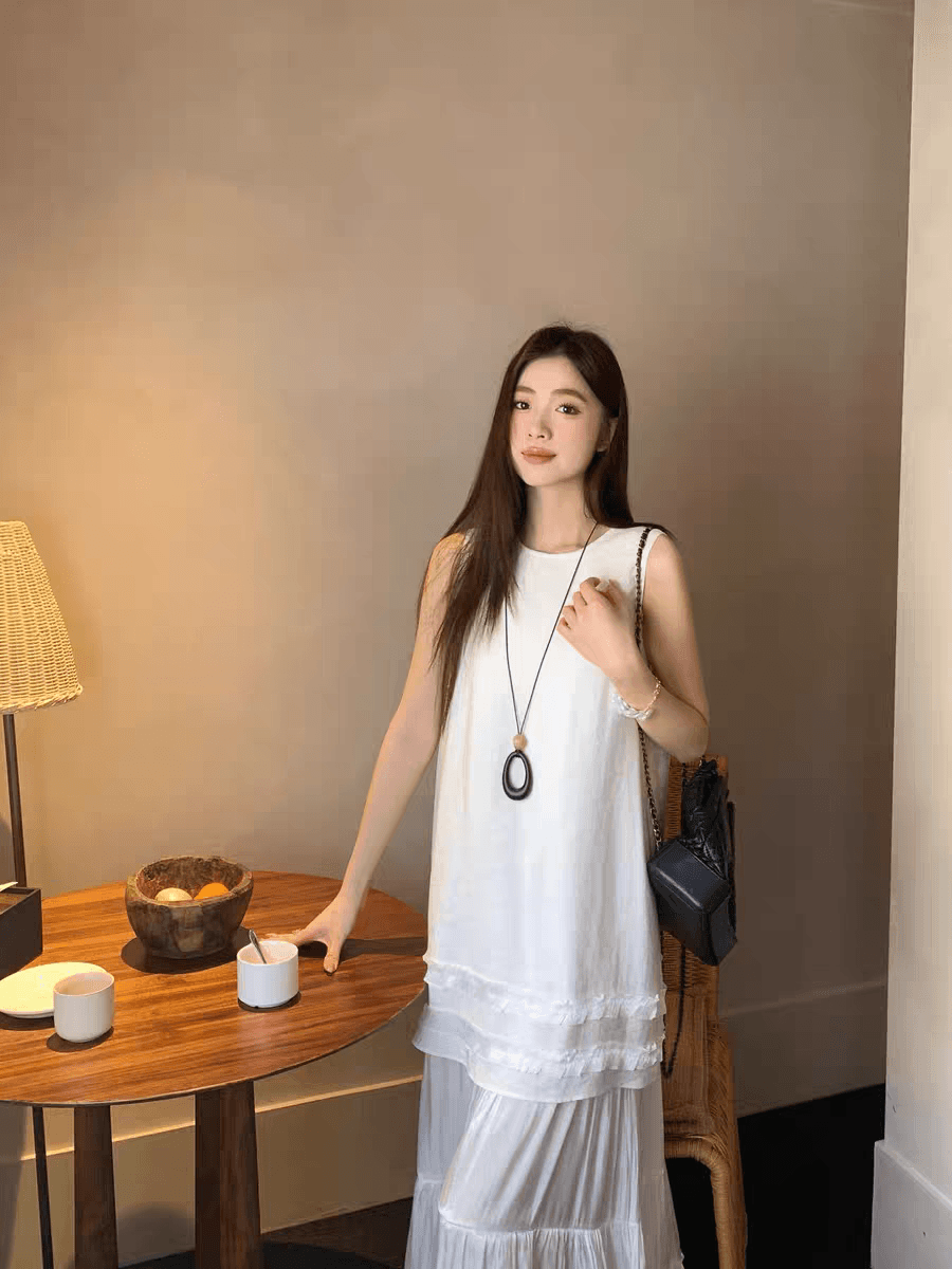 선물 화물 한국 스타일 낭만주의 민소매 라운드 넥 패치워크 드레스 상세 이미지 5