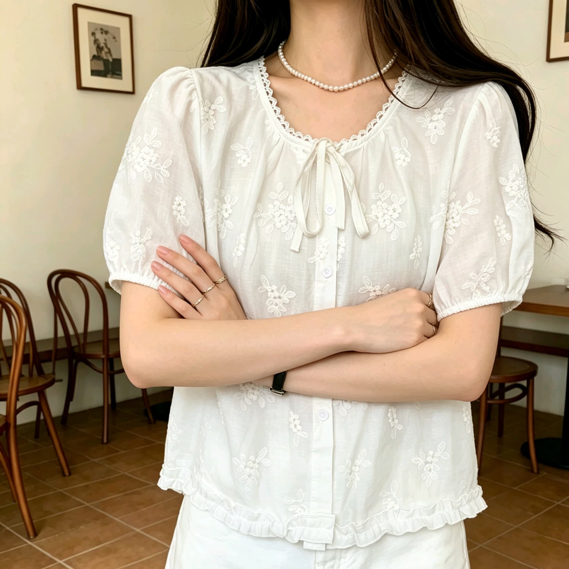 선물 화물 절묘한 바람 한국 동대문 품격 라운드 넥 자수 달콤함 레이스업 반팔 셔츠 작은 셔츠 여성 상세 이미지 2