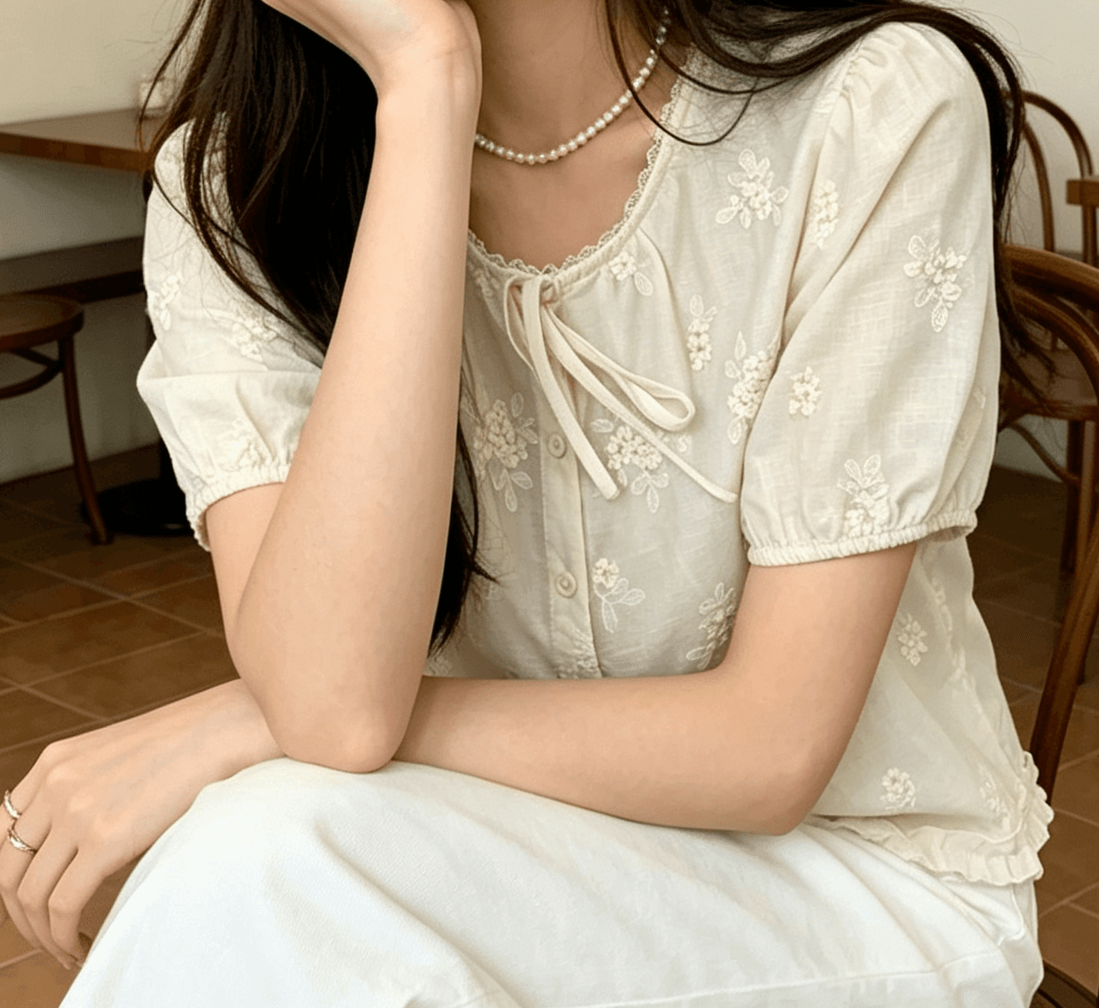 선물 화물 절묘한 바람 한국 동대문 품격 라운드 넥 자수 달콤함 레이스업 반팔 셔츠 작은 셔츠 여성 상세 이미지 7