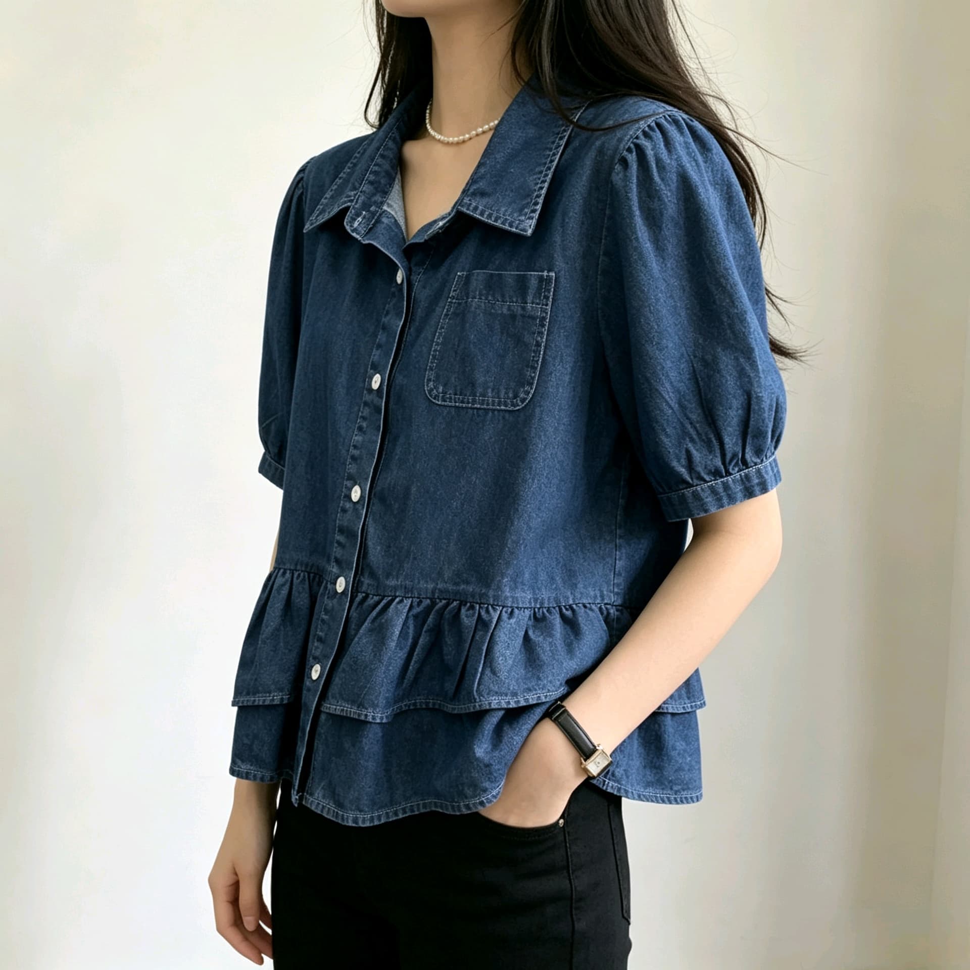 선물 화물 한국 스타일 POLO 칼라 긍정적 인 어깨 반팔 데님 여성 셔츠 여름 슬림해 보이는 슈퍼 잘 생긴 맨위 상세 이미지 5