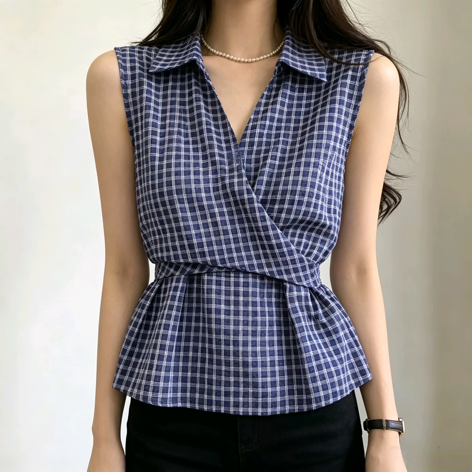 선물 화물 한 부서 체크무늬 POLO 칼라 허리 수축 슬림해 보이는 셔츠 맨위