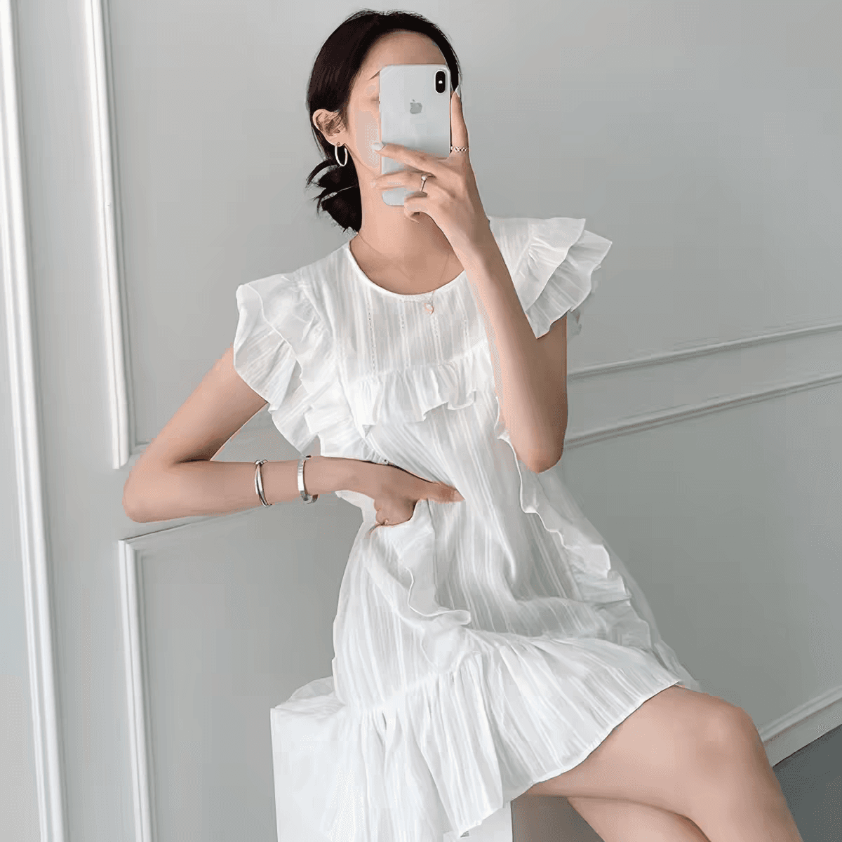 선물 물품 한국 chic 품격 라운드 넥 패치워크 프릴 루즈핏 Feifei 소매 작은 키 드레스 미니 스커트