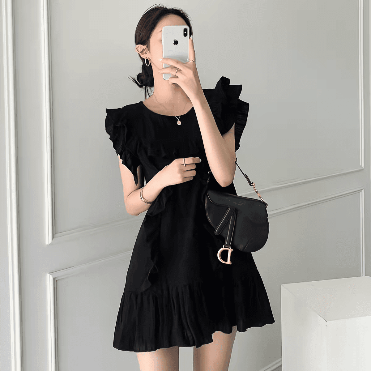 선물 물품 한국 chic 품격 라운드 넥 패치워크 프릴 루즈핏 Feifei 소매 작은 키 드레스 미니 스커트 이미지 2