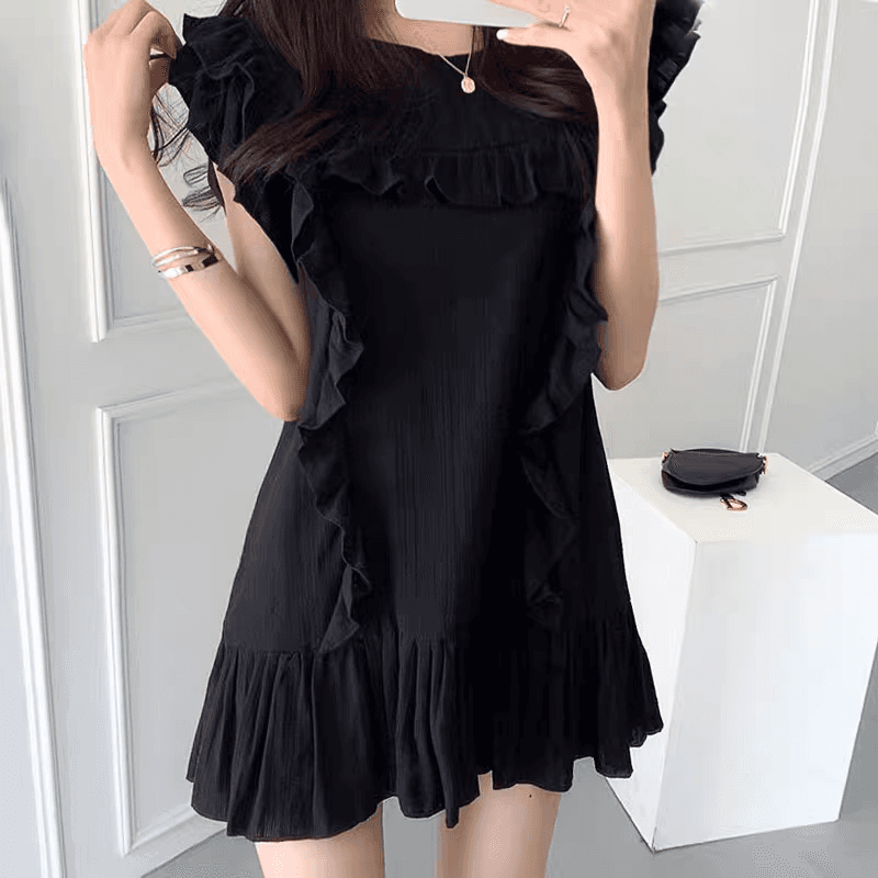 선물 물품 한국 chic 품격 라운드 넥 패치워크 프릴 루즈핏 Feifei 소매 작은 키 드레스 미니 스커트 이미지 3