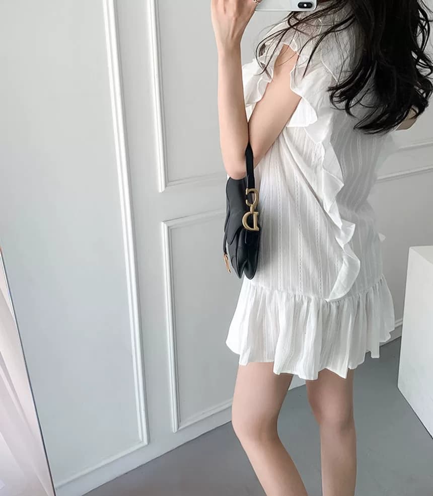 선물 물품 한국 chic 품격 라운드 넥 패치워크 프릴 루즈핏 Feifei 소매 작은 키 드레스 미니 스커트 상세 이미지 4