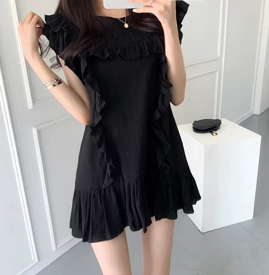 선물 물품 한국 chic 품격 라운드 넥 패치워크 프릴 루즈핏 Feifei 소매 작은 키 드레스 미니 스커트 상세 이미지 9