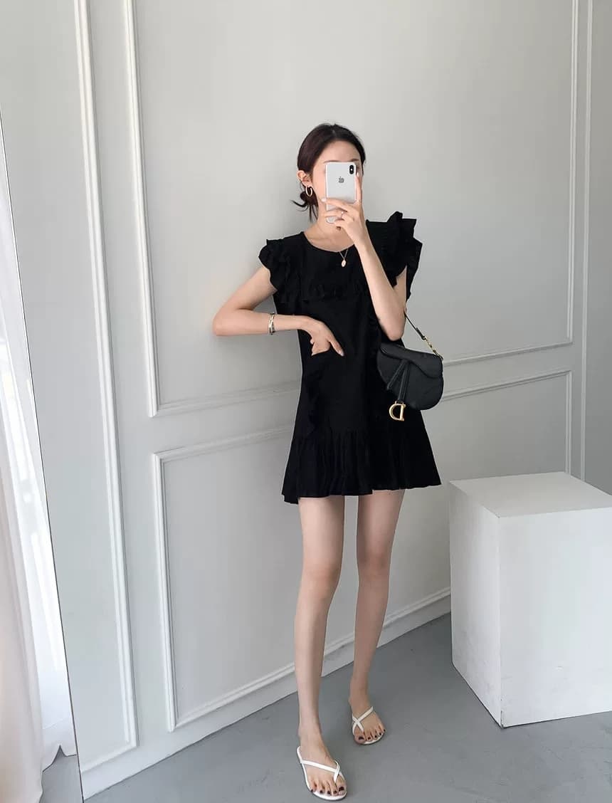 선물 물품 한국 chic 품격 라운드 넥 패치워크 프릴 루즈핏 Feifei 소매 작은 키 드레스 미니 스커트 상세 이미지 11