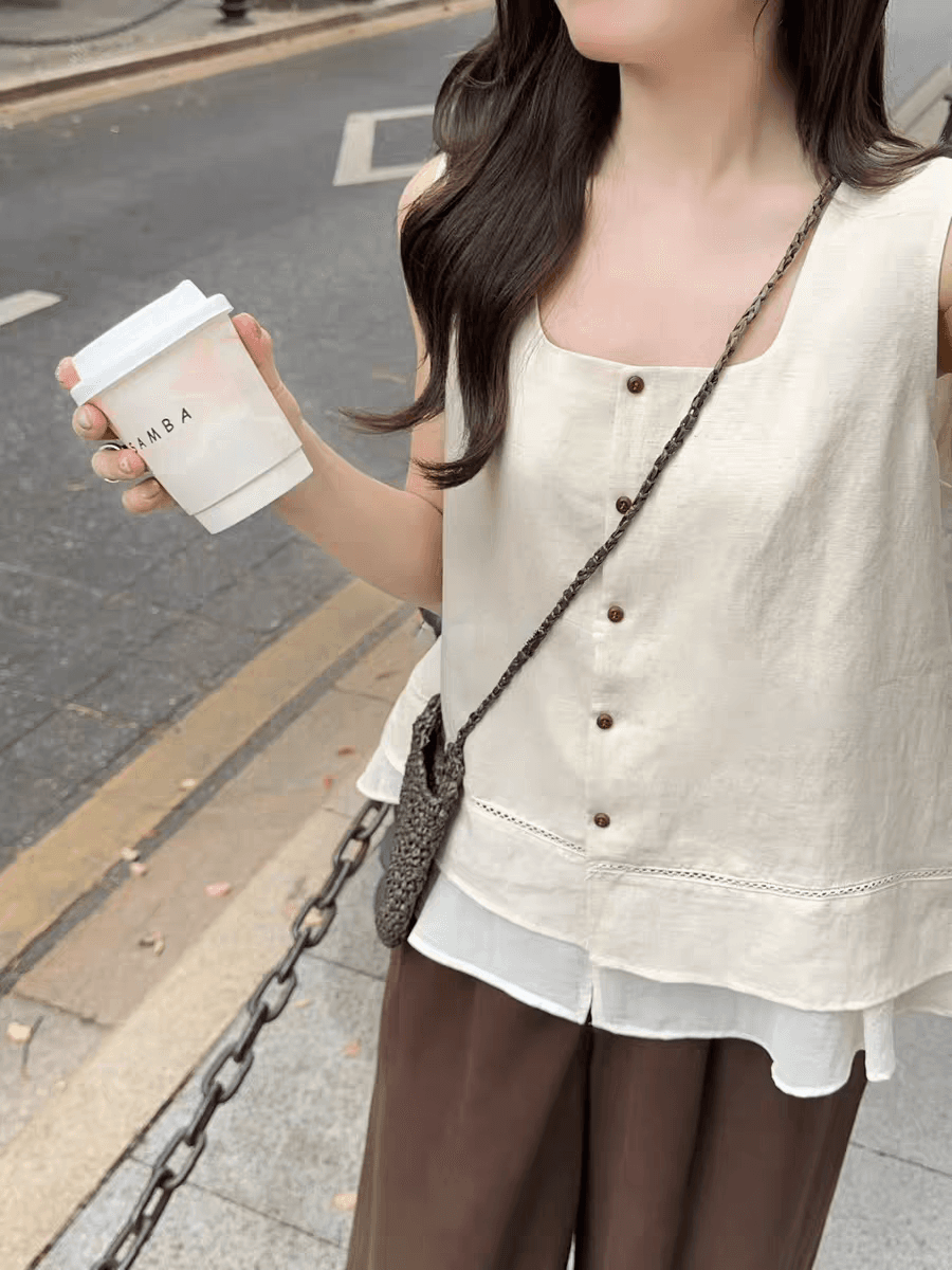 선물 화물 광장 칼라 페이크 레이어드 이중층 밑단 싱글 줄 버튼 장식 조끼 여성 루즈핏 캐주얼 슬림해 보이는 맨위 셔츠 상세 이미지 1