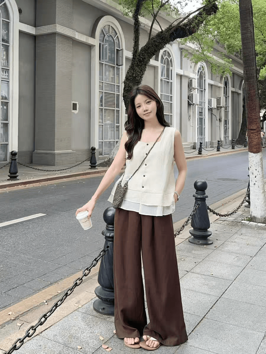 선물 화물 광장 칼라 페이크 레이어드 이중층 밑단 싱글 줄 버튼 장식 조끼 여성 루즈핏 캐주얼 슬림해 보이는 맨위 셔츠 상세 이미지 5