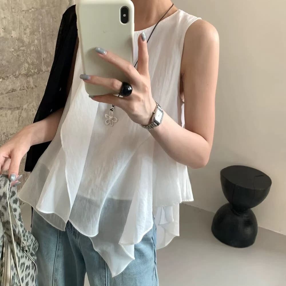 선물 화물 한 부서 미니멀리즘 품격 민소매 조끼 여성 불규칙 프릴 작은 셔츠 얇은 스타일 맨위 상세 이미지 3