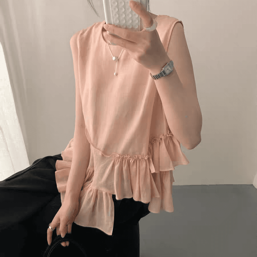 선물 화물 한 부서 불규칙 레이스 민소매 조끼 여성 셔츠 작은 대중 디자인 라운드 넥 루즈핏 슬림해 보이는 맨위 이미지 2
