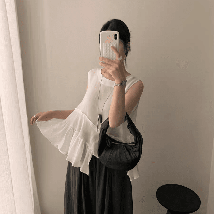 선물 화물 한 부서 불규칙 레이스 민소매 조끼 여성 셔츠 작은 대중 디자인 라운드 넥 루즈핏 슬림해 보이는 맨위 상세 이미지 3