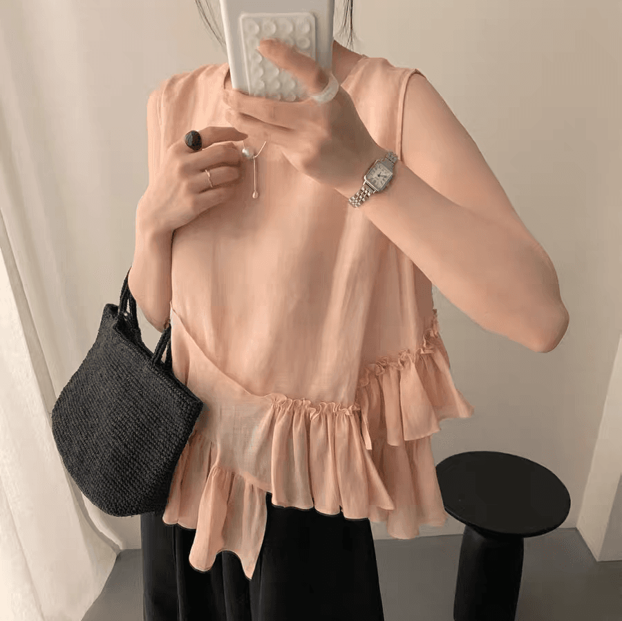 선물 화물 한 부서 불규칙 레이스 민소매 조끼 여성 셔츠 작은 대중 디자인 라운드 넥 루즈핏 슬림해 보이는 맨위 상세 이미지 6