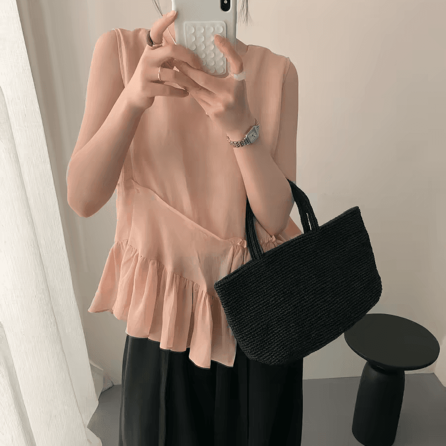 선물 화물 한 부서 불규칙 레이스 민소매 조끼 여성 셔츠 작은 대중 디자인 라운드 넥 루즈핏 슬림해 보이는 맨위 상세 이미지 9