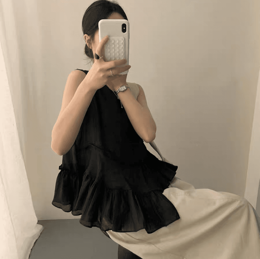 선물 화물 한 부서 불규칙 레이스 민소매 조끼 여성 셔츠 작은 대중 디자인 라운드 넥 루즈핏 슬림해 보이는 맨위 상세 이미지 12