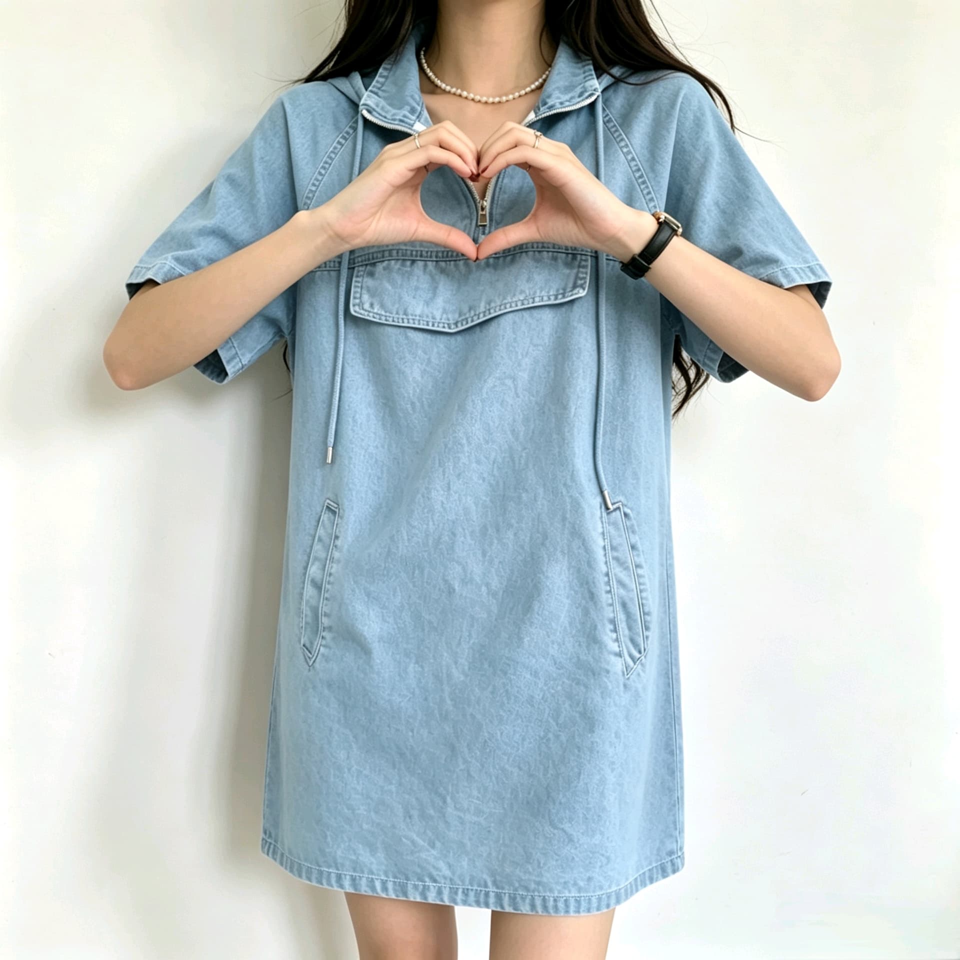 선물 화물 한국 레트로 데님 여성 드레스 연령 감소 루즈핏 슬림해 보이는 디자인 센스 캐주얼 한 마디 반팔 미니 스커트 상세 이미지 6