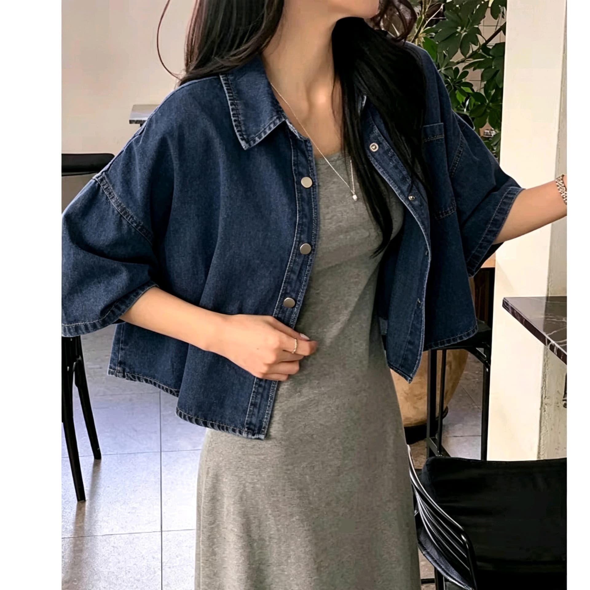 선물 화물 폴로 칼라 반소매 데님 짧은 외투 셔츠 켜기 이미지 2