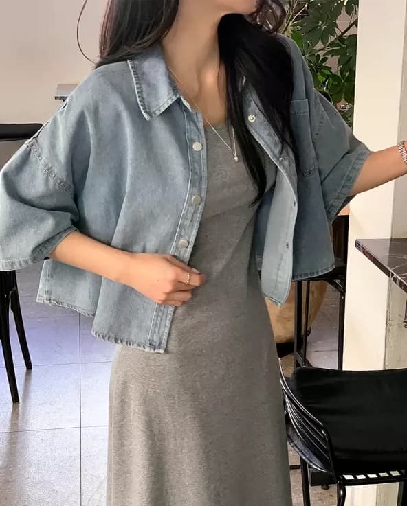 선물 화물 폴로 칼라 반소매 데님 짧은 외투 셔츠 켜기 이미지 3