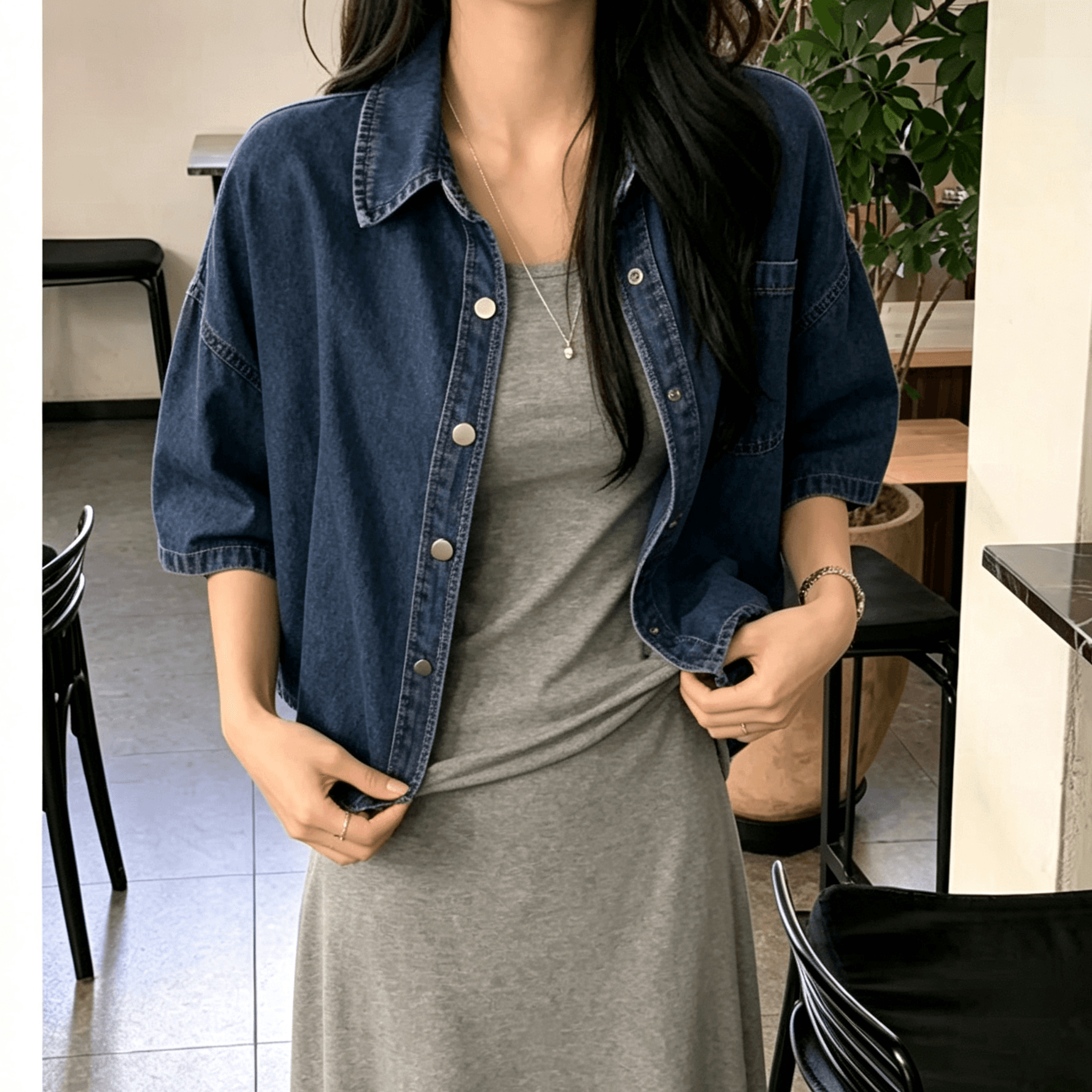 선물 화물 폴로 칼라 반소매 데님 짧은 외투 셔츠 켜기 이미지 5