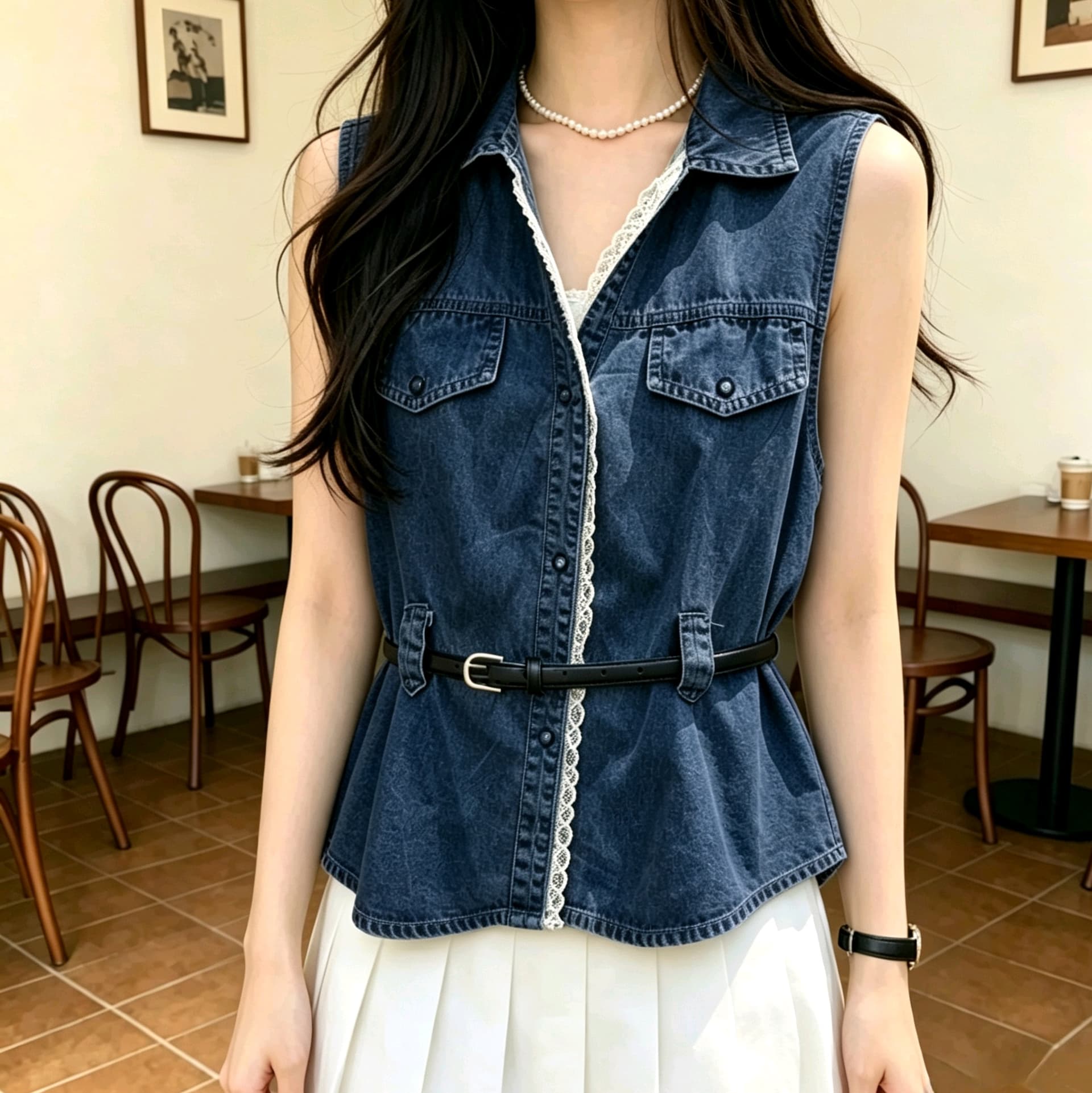 선물 화물 고유 한 아름다운 스택 착용 데님 조끼 여자 레트로 다용도 폴로 칼라 싱글 줄 버튼 셔츠 켜기 벨트 벨트