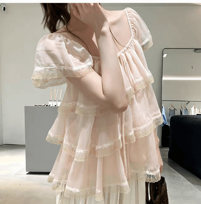 선물 화물 달콤한 자매 분위기 센스 광장 칼라 레이스 프릴 계층의 감각 케이크 작은 셔츠 상세 이미지 10