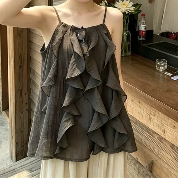 선물 화물 한국 스타일 새로운 작은 대중 프릴 캐미솔 문예 달콤함 패션 다용도 민소매 맨위 상세 이미지 12