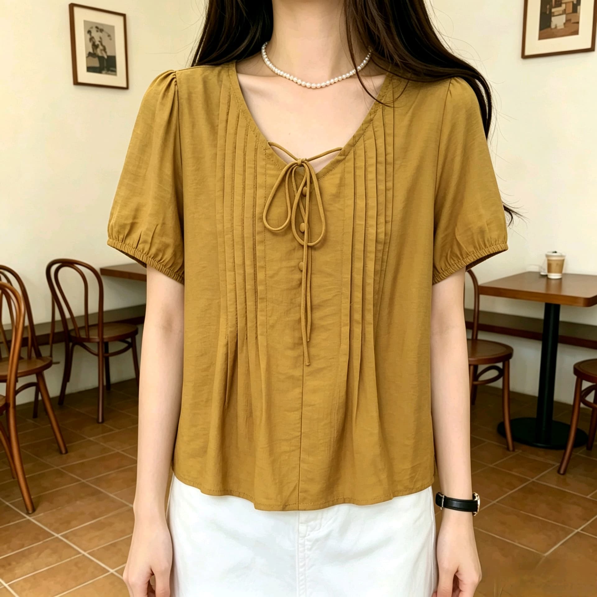 선물 화물 신선함 우아함 거품 소매 V넥 레이스업 여성 셔츠 새로운 Chic 연령 감소 반팔 셔츠 맨위