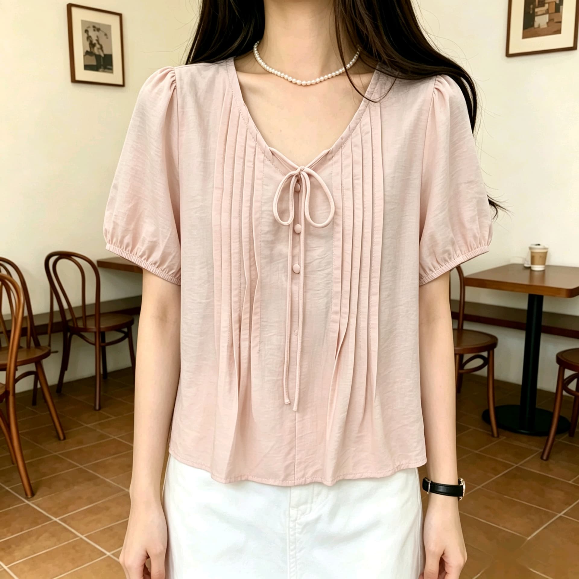 선물 화물 신선함 우아함 거품 소매 V넥 레이스업 여성 셔츠 새로운 Chic 연령 감소 반팔 셔츠 맨위 이미지 3