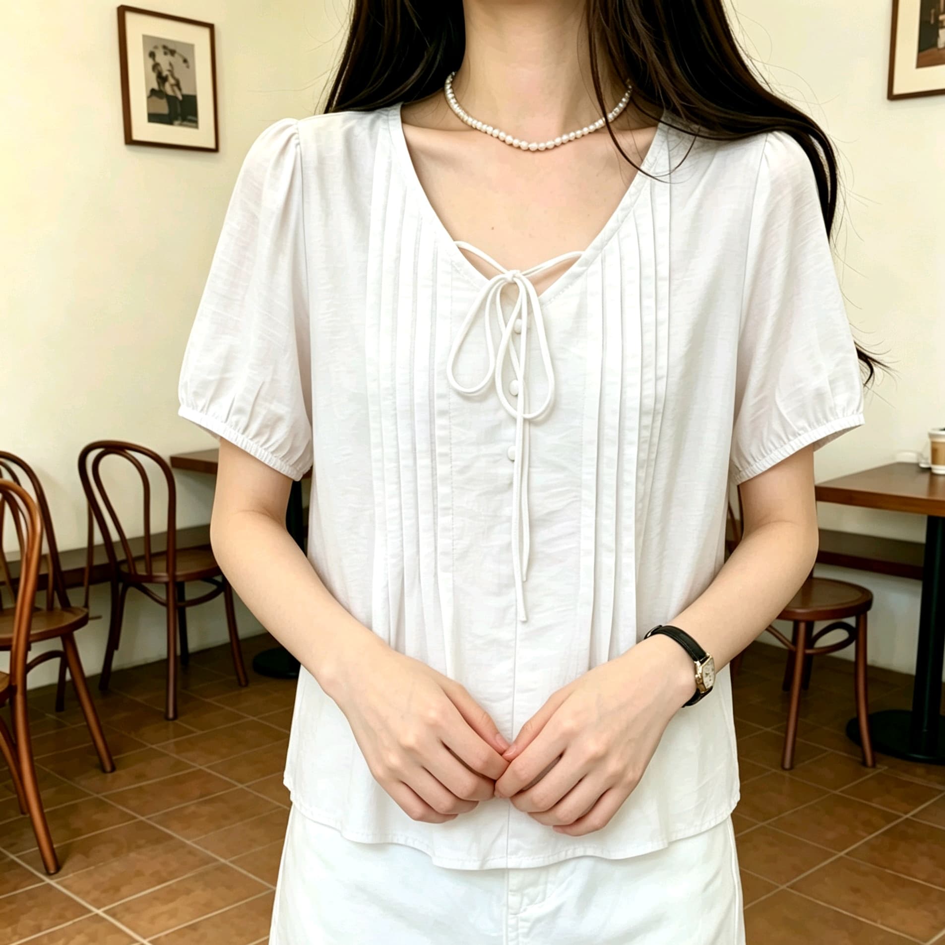 선물 화물 신선함 우아함 거품 소매 V넥 레이스업 여성 셔츠 새로운 Chic 연령 감소 반팔 셔츠 맨위 이미지 4