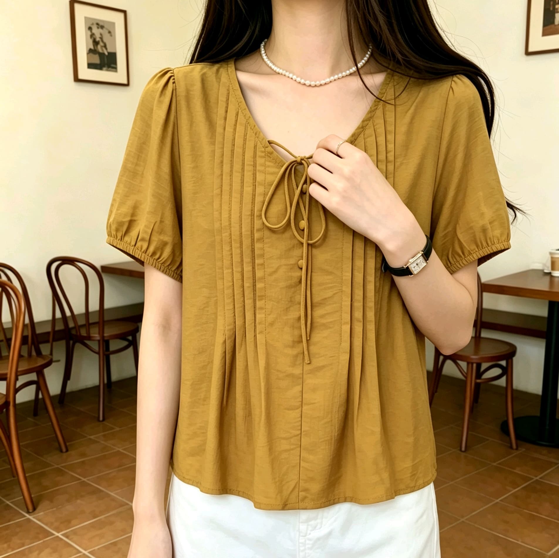 선물 화물 신선함 우아함 거품 소매 V넥 레이스업 여성 셔츠 새로운 Chic 연령 감소 반팔 셔츠 맨위 상세 이미지 3