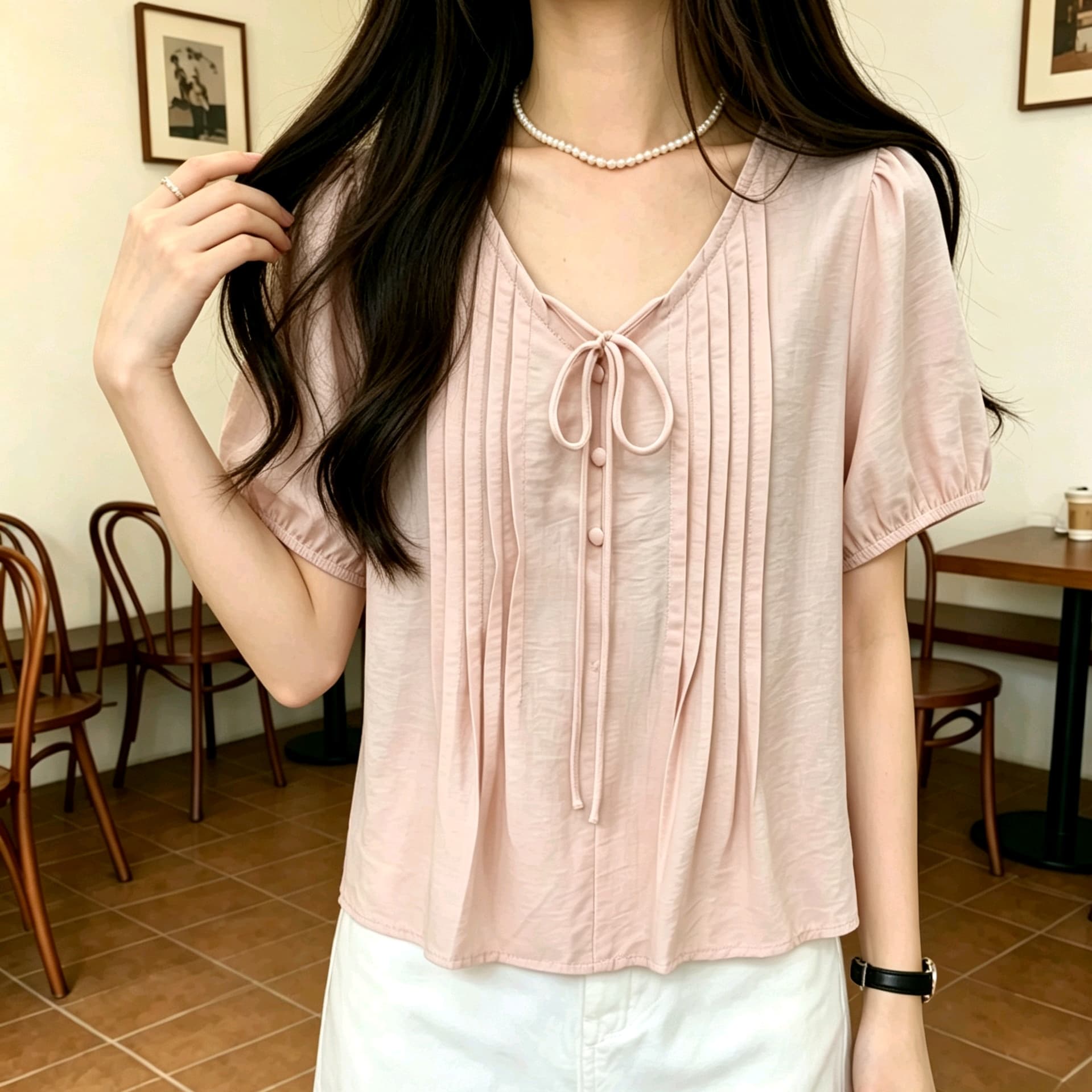 선물 화물 신선함 우아함 거품 소매 V넥 레이스업 여성 셔츠 새로운 Chic 연령 감소 반팔 셔츠 맨위 상세 이미지 13