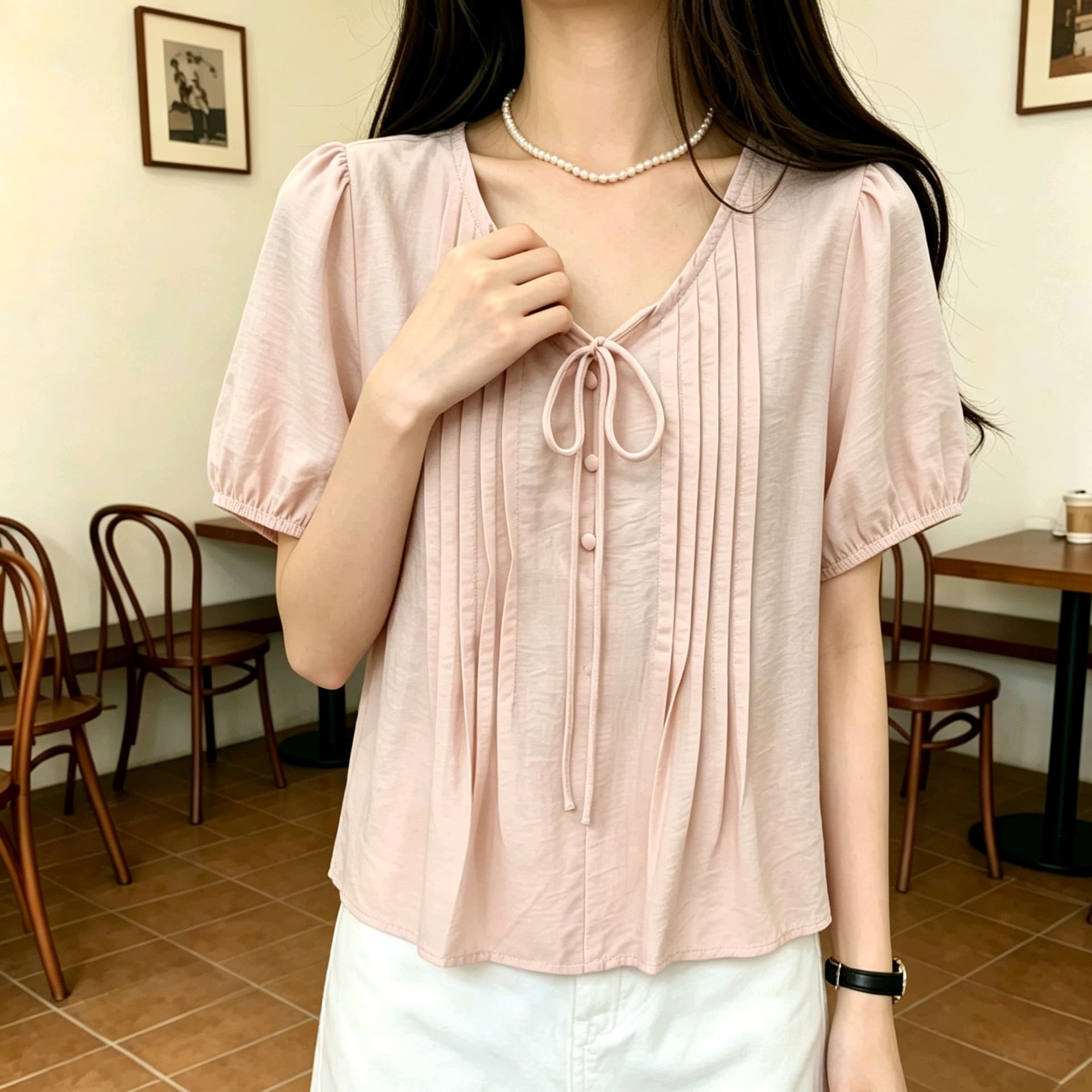 선물 화물 신선함 우아함 거품 소매 V넥 레이스업 여성 셔츠 새로운 Chic 연령 감소 반팔 셔츠 맨위 상세 이미지 14