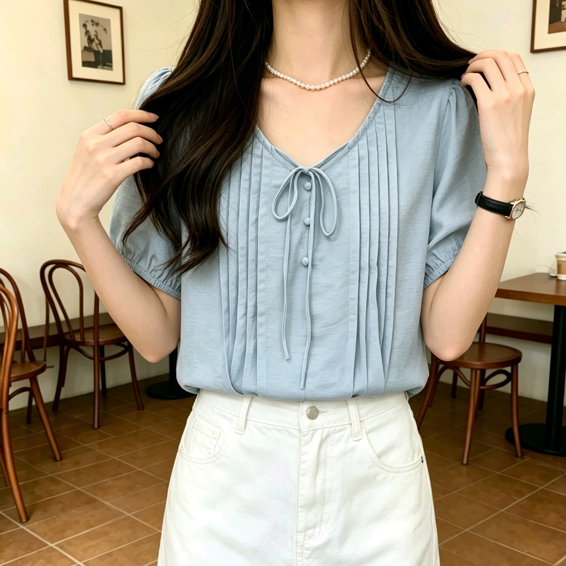 선물 화물 신선함 우아함 거품 소매 V넥 레이스업 여성 셔츠 새로운 Chic 연령 감소 반팔 셔츠 맨위 상세 이미지 22