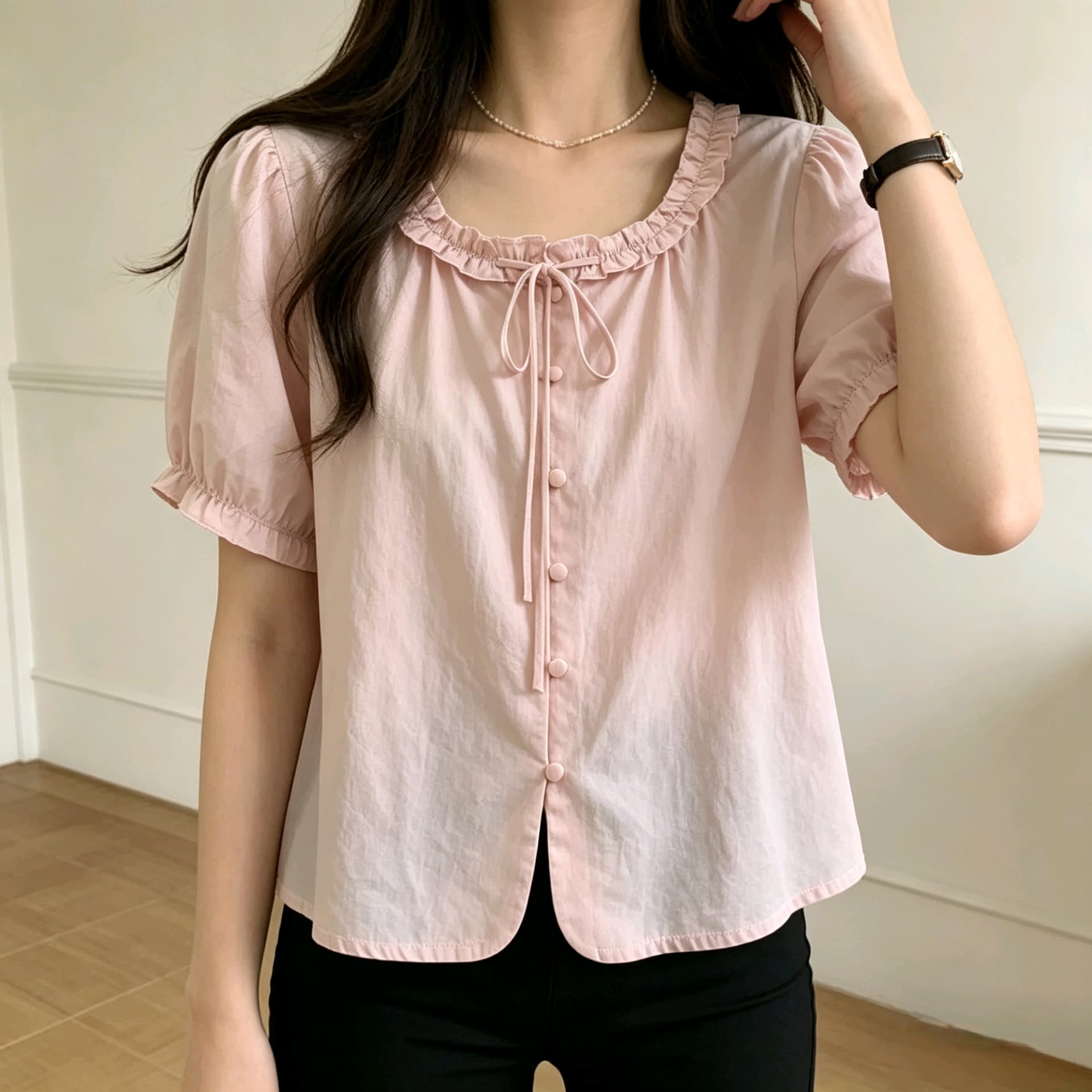 선물 화물 프릴 칼라 레이스업 반팔 여성 셔츠 여름 새로운 고유 한 아름다운 작은 셔츠 연령 감소 맨위 이미지 4