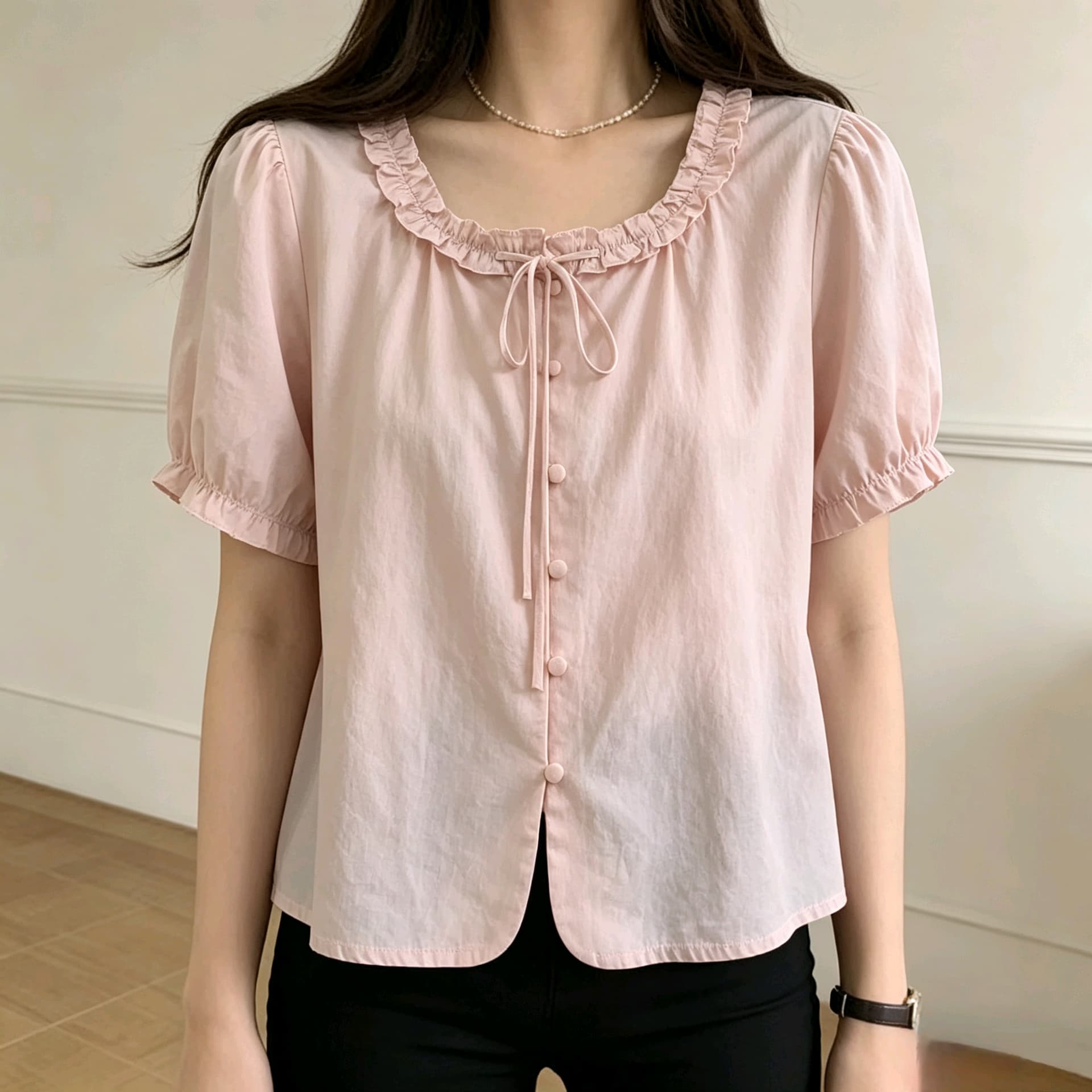 선물 화물 프릴 칼라 레이스업 반팔 여성 셔츠 여름 새로운 고유 한 아름다운 작은 셔츠 연령 감소 맨위 상세 이미지 1