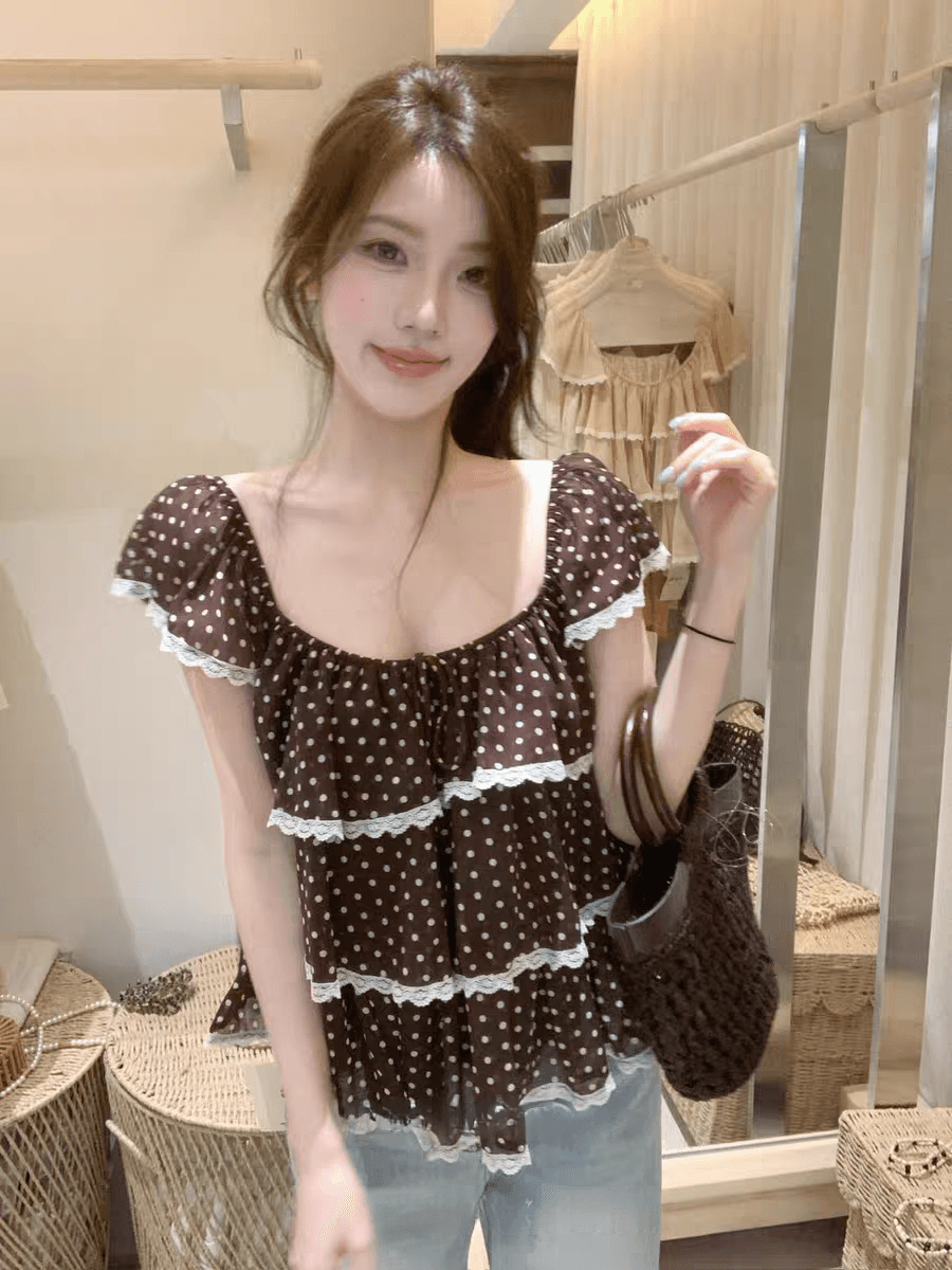 선물 화물 도트 무늬 프릴 레이스 계층의 감각 작은 셔츠 여성 의류 여름 다용도 미니멀리즘 슬림해 보이는 캐주얼 맨위 상세 이미지 1