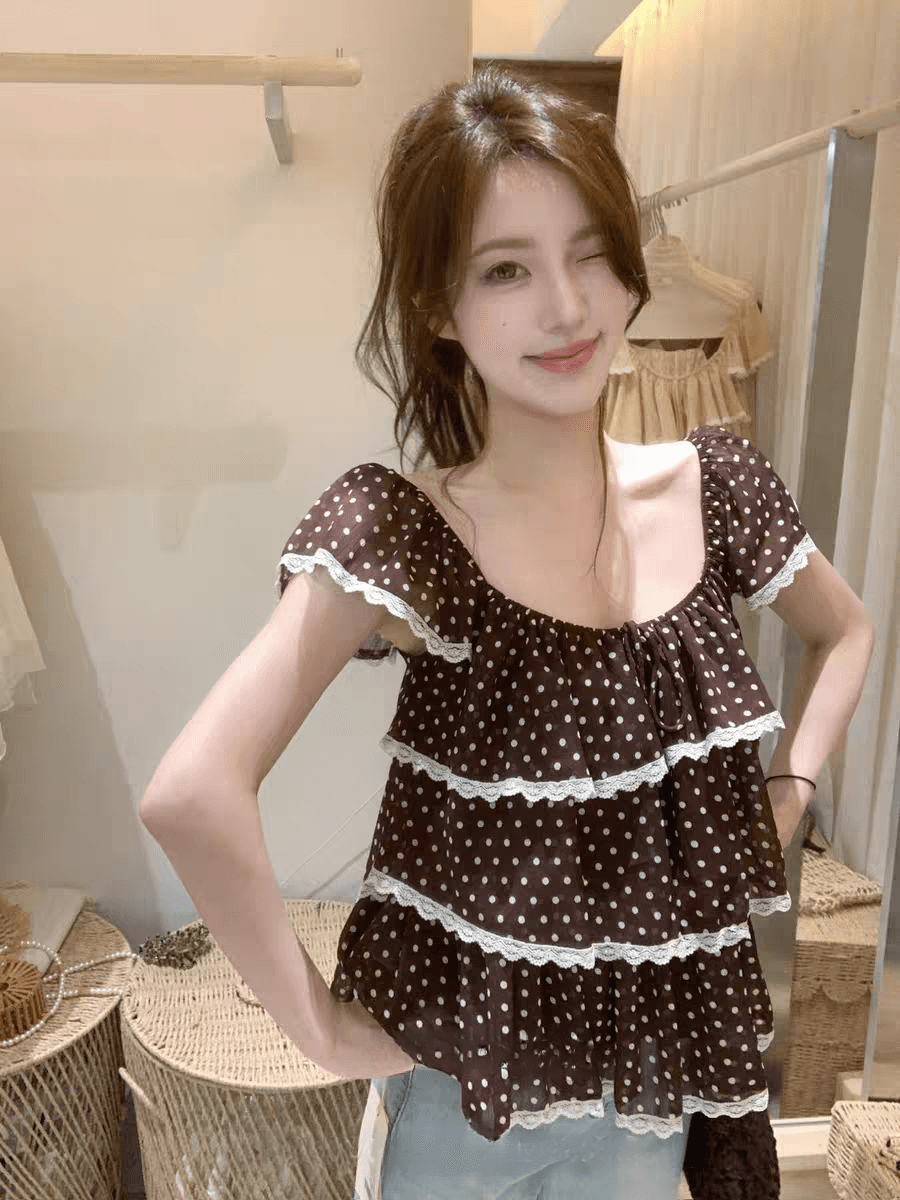 선물 화물 도트 무늬 프릴 레이스 계층의 감각 작은 셔츠 여성 의류 여름 다용도 미니멀리즘 슬림해 보이는 캐주얼 맨위 상세 이미지 3