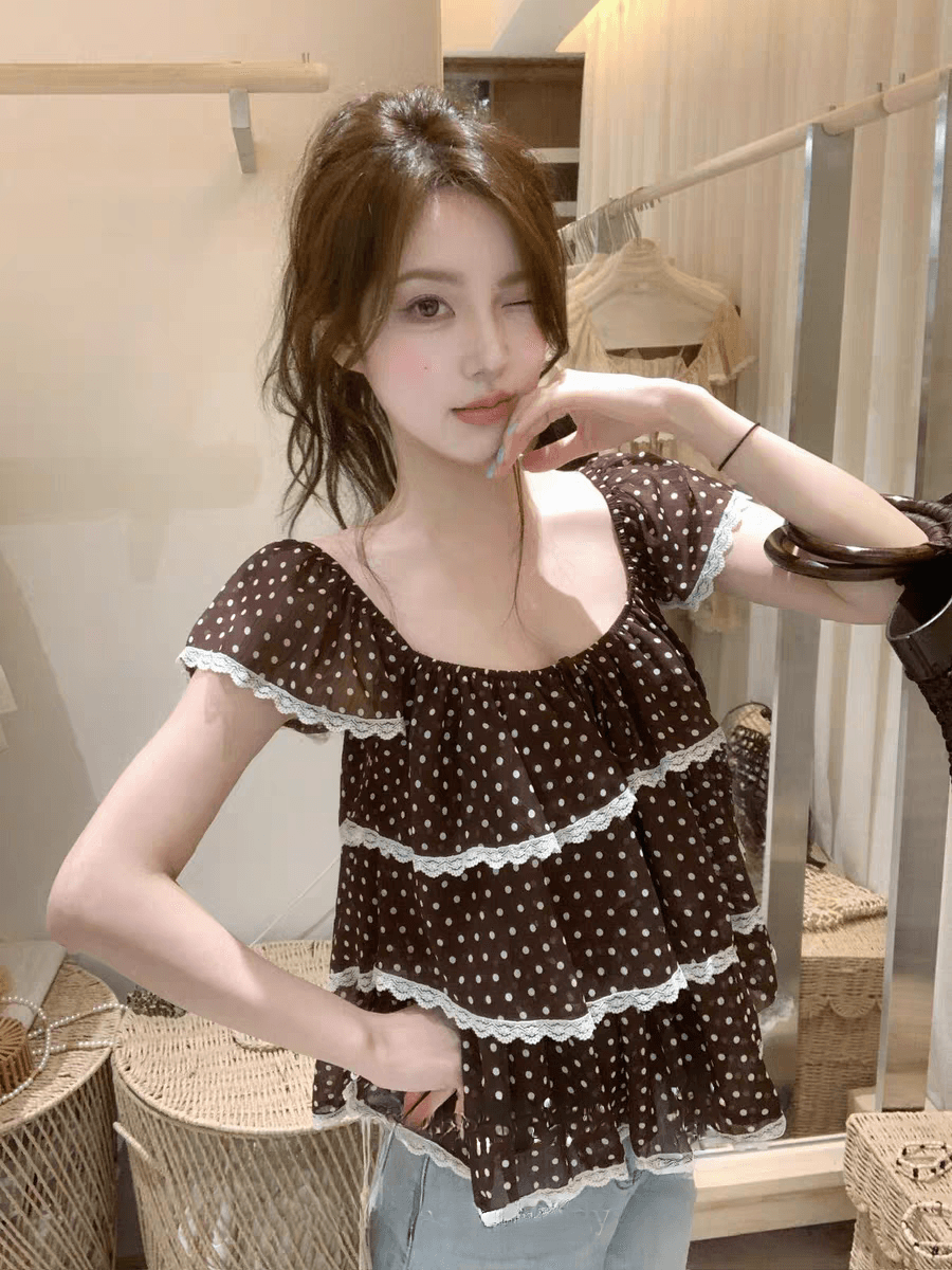 선물 화물 도트 무늬 프릴 레이스 계층의 감각 작은 셔츠 여성 의류 여름 다용도 미니멀리즘 슬림해 보이는 캐주얼 맨위 상세 이미지 4