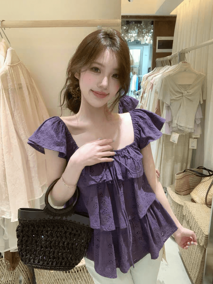 선물 화물 한 부서 품격 분위기 센스 광장 칼라 프릴 자카드 작은 날다 소매 작은 셔츠 루즈핏 맨위